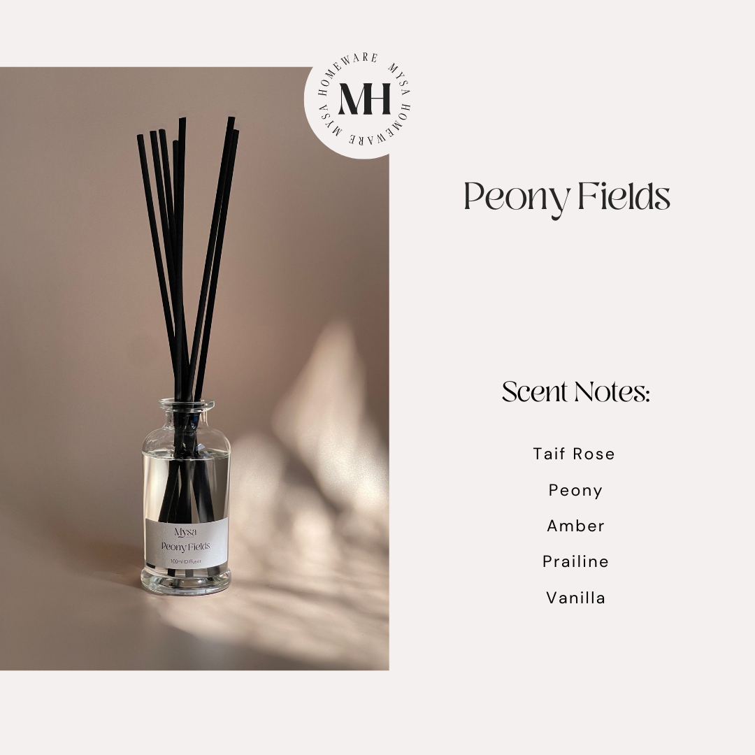 Scent Notes for Peony Fields luxury reed diffuser in gift box, featuring a vegan base oil infused with Velvet Peony &amp; Oud fragrance.