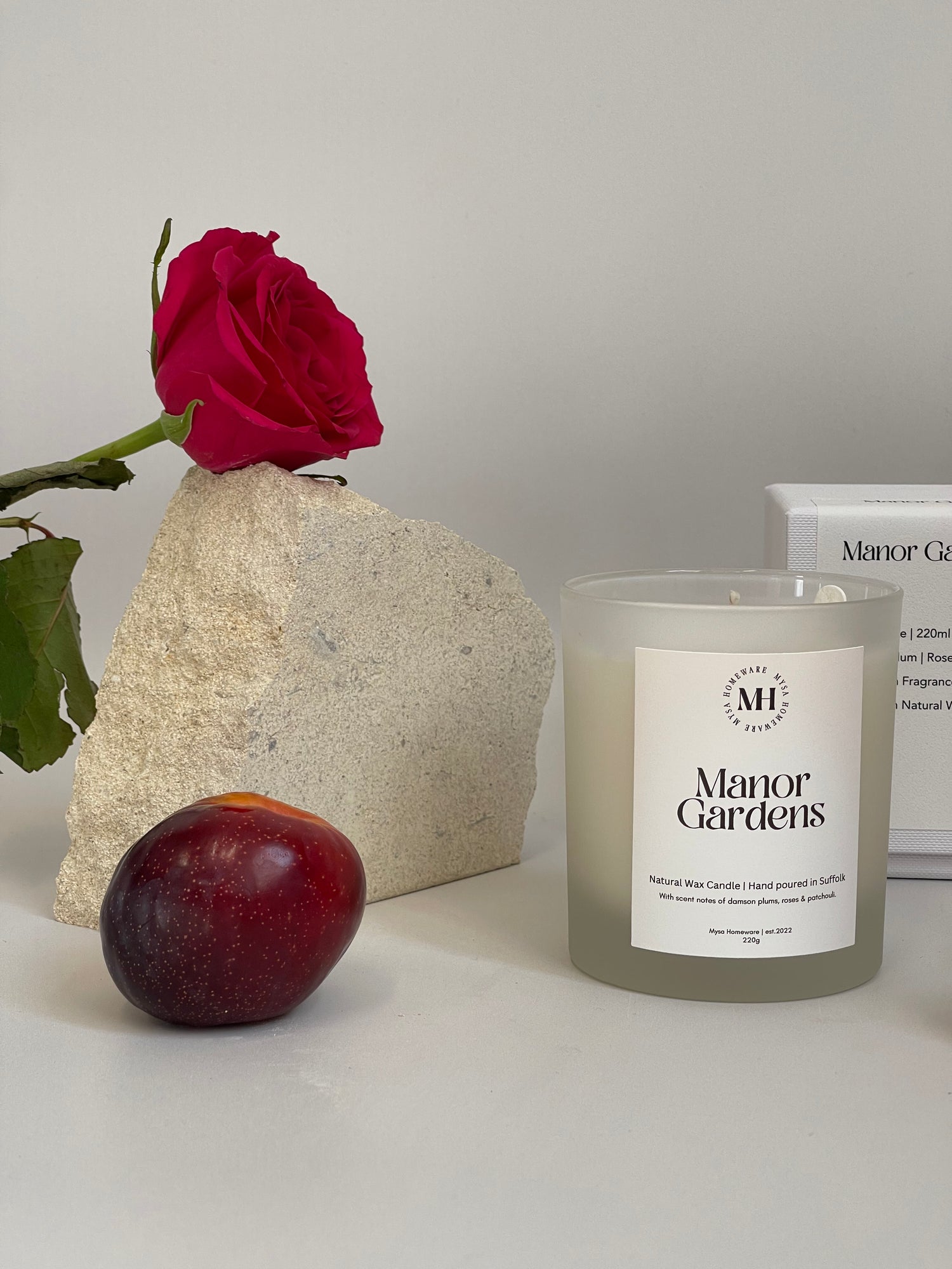 Manor Gardens Luxury Handmade Candle by Mysa Homeware – Damson Plum, Rose, &amp; Patchouli Scent Notes