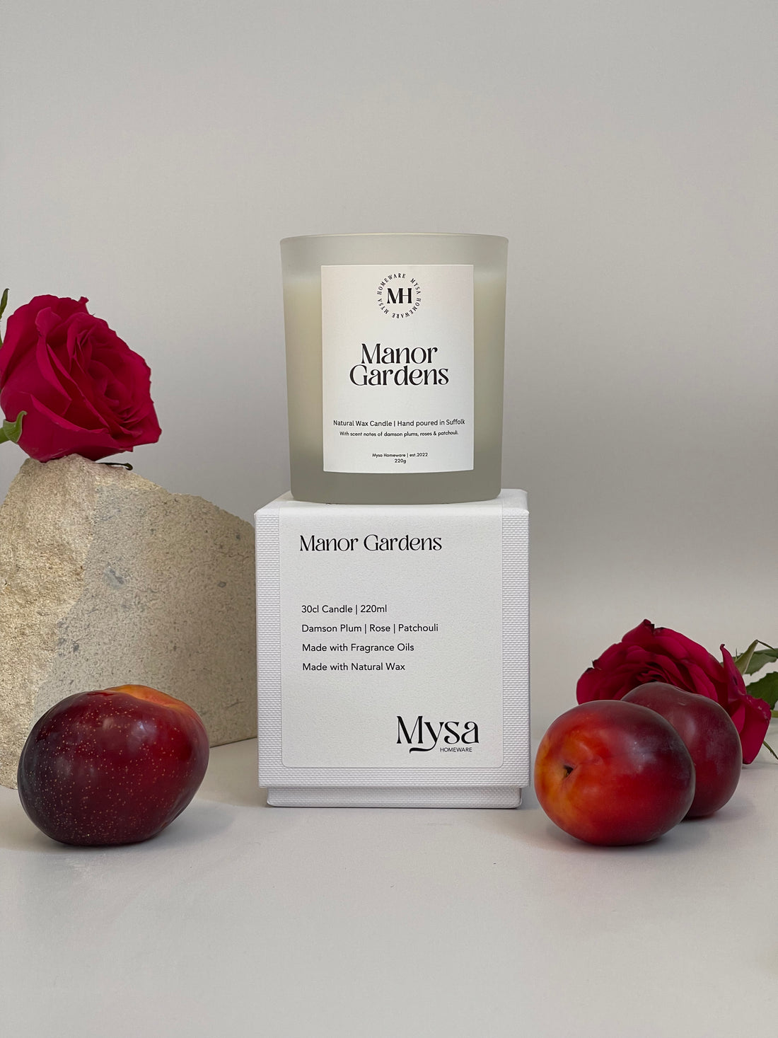 Manor Gardens Luxury Handmade Candle comes in a luxury gift box by Mysa Homeware – Damson Plum, Rose, &amp; Patchouli Scent Notes