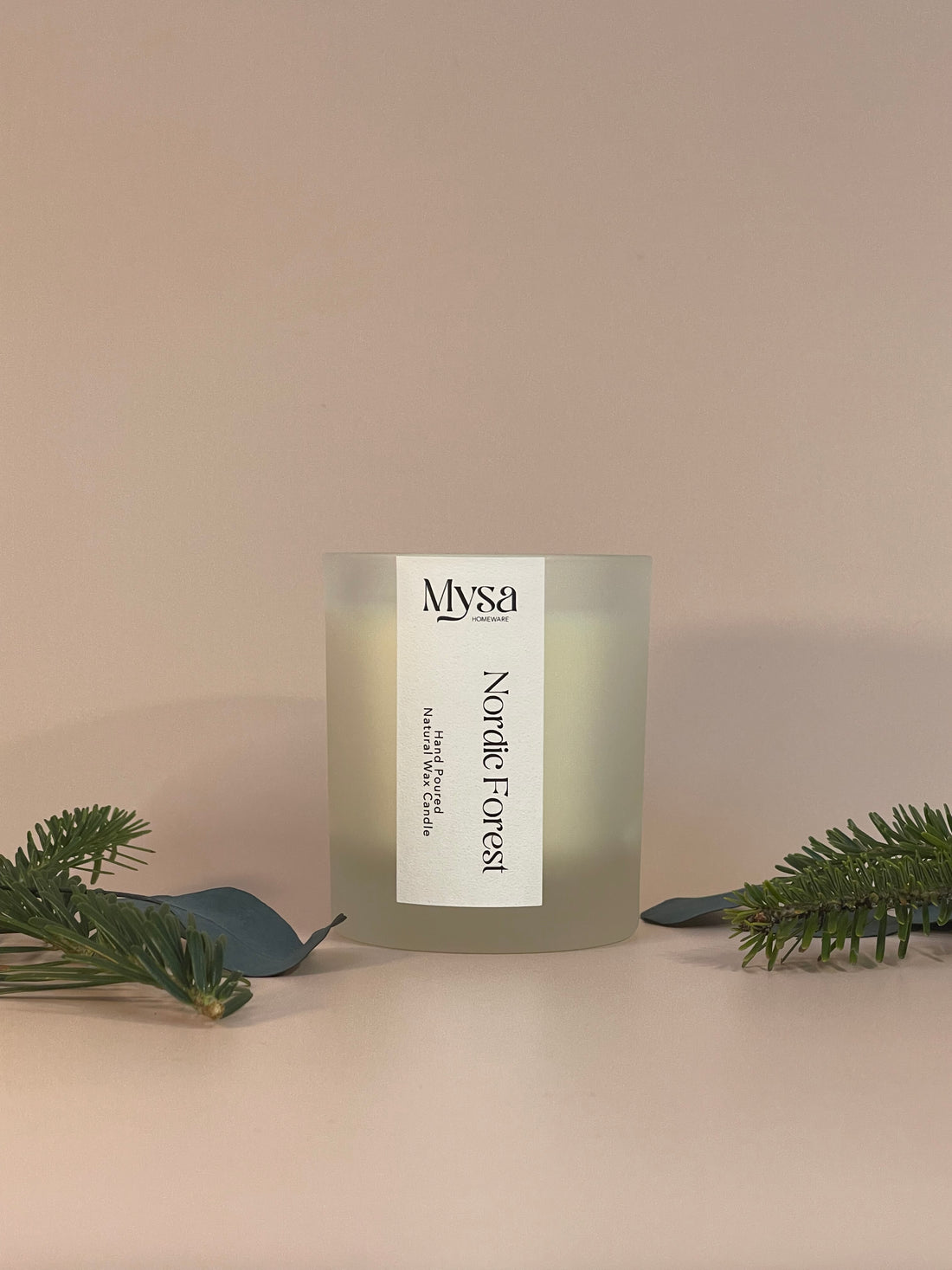 Nordic Forest luxury scented candle in gift box, with natural wax and pine and eucalyptus fragrance.