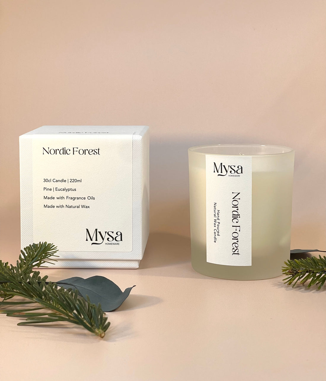 Nordic Forest luxury scented candle in gift box, with natural wax and pine and eucalyptus fragrance.