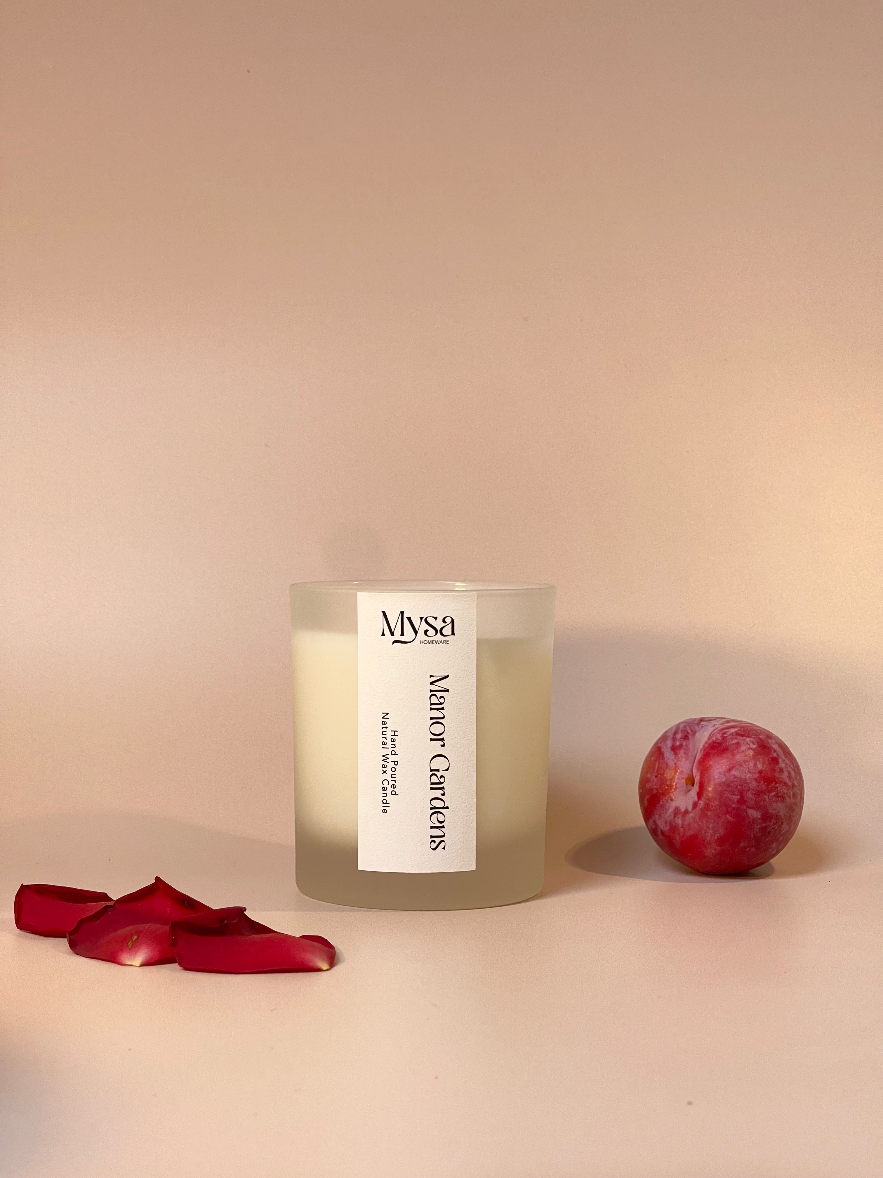 Manor Gardens luxury scented candle in gift box, with natural wax and damson plum, rose &amp; patchouli fragrance.
