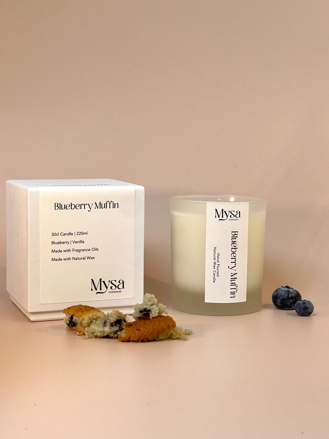 Blueberry Muffin luxury scented candle in gift box, with natural wax and blueberry and vanilla fragrance.