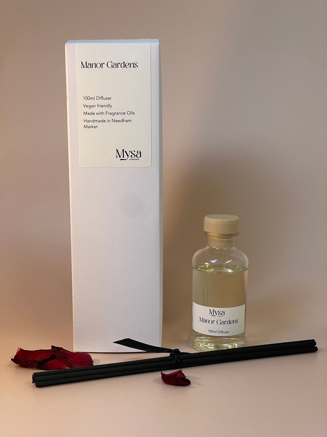 Manor Gardens luxury reed diffuser in gift box, featuring a vegan base oil infused with damson plum, rose and patchouli fragrance.