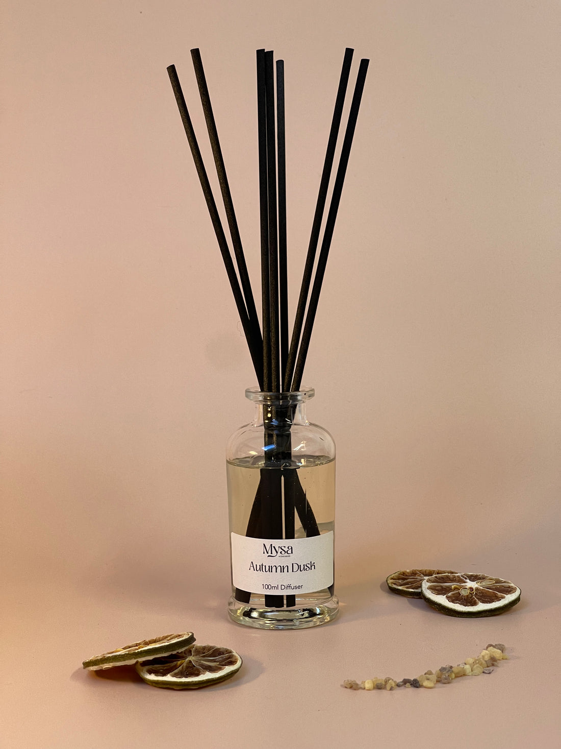 Autumn Dusk luxury reed diffuser in gift box, featuring a vegan base oil infused with frankincense &amp; bergamot fragrance.