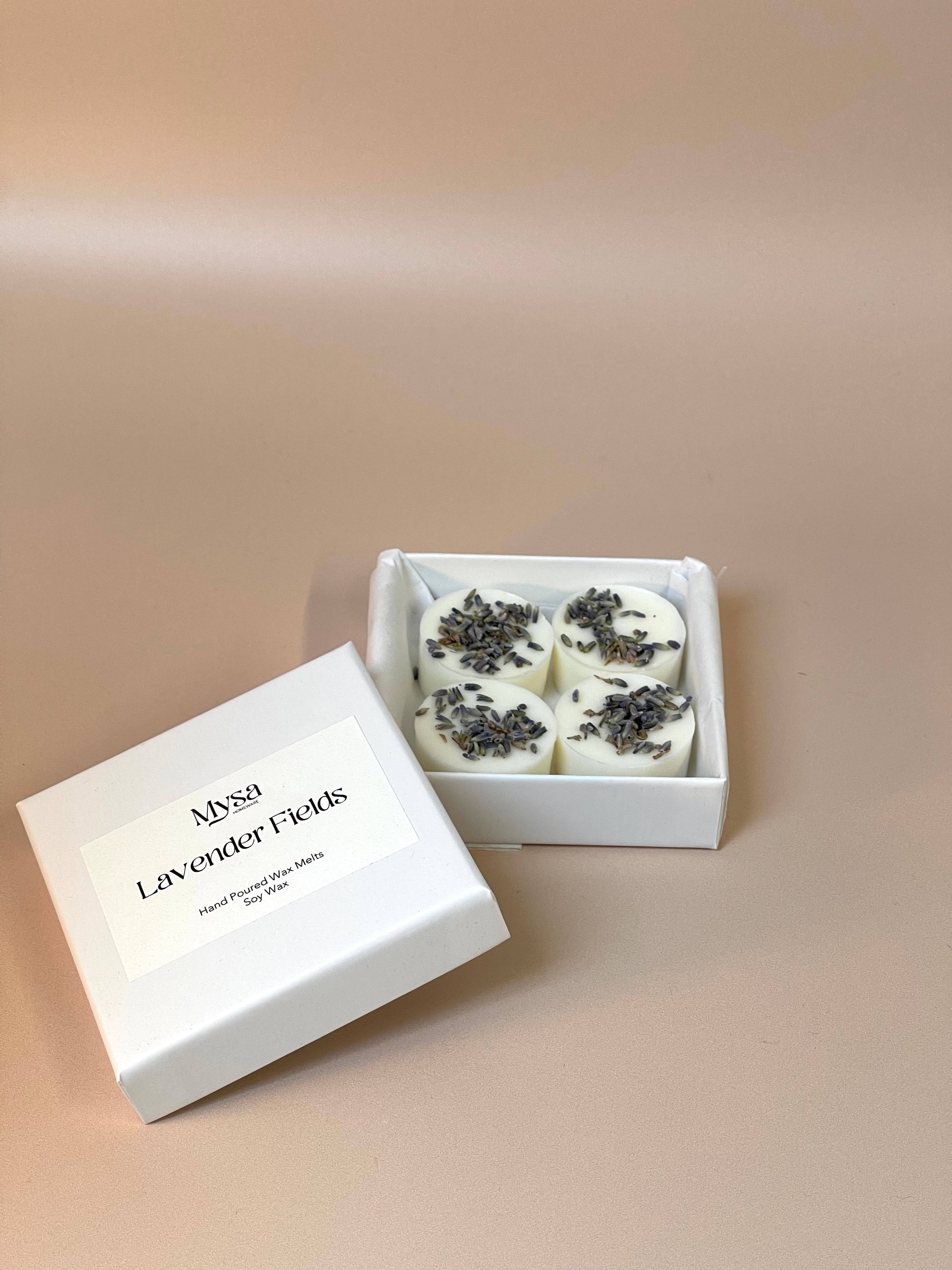 Lavender Fields luxury scented wax melts in gift box, with soy wax and lavender fragrance.